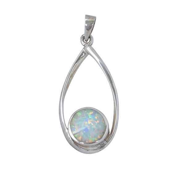 Estate Sterling Silver 925 White Round Opal Teardrop Pendant - Picture 3 of 11